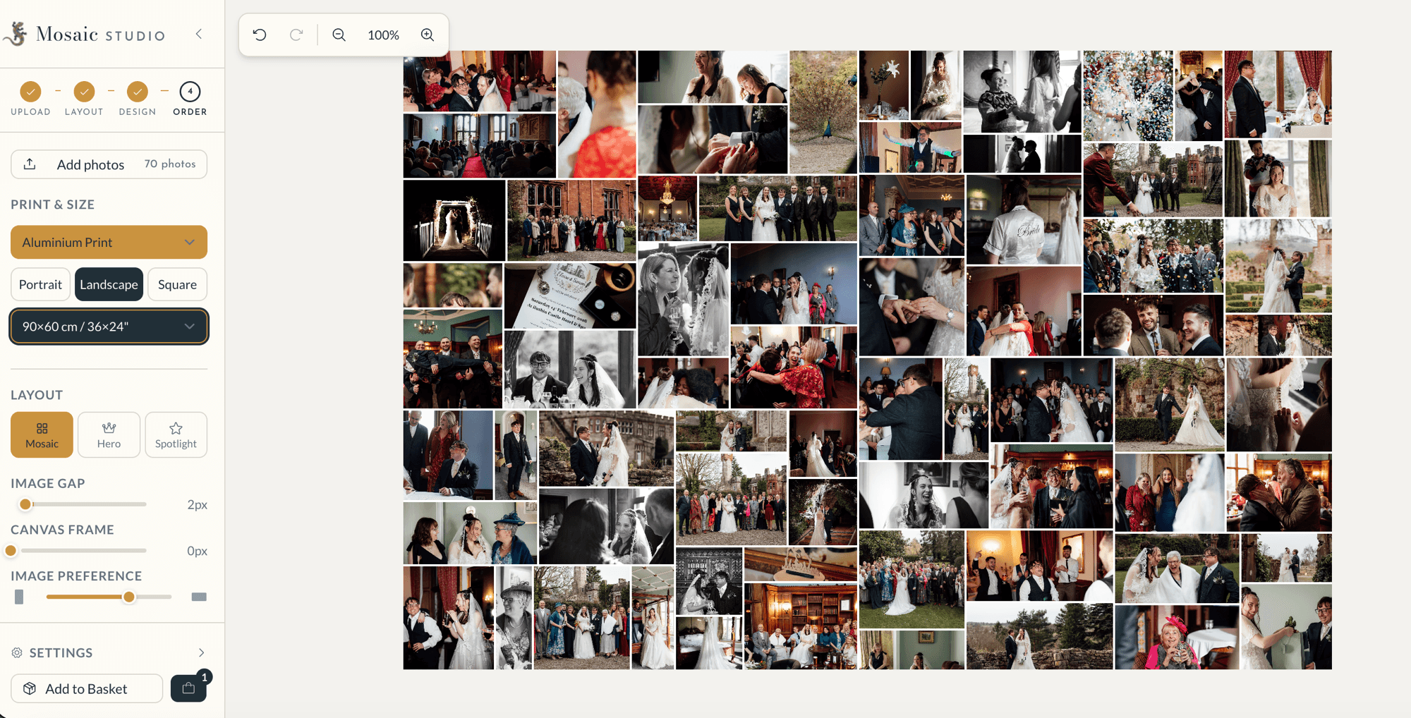 Mosaic Studio editor showing a wedding photo collage with 70 photos